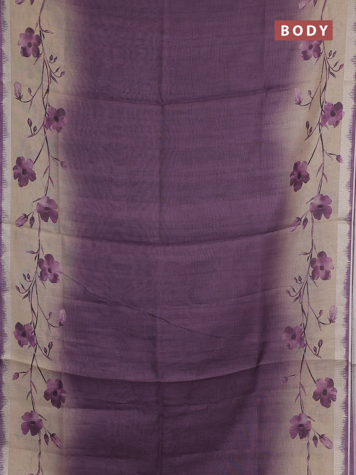 Art Linen Floral Printed Silver Zari Cotton Saree - Purple and Beige
